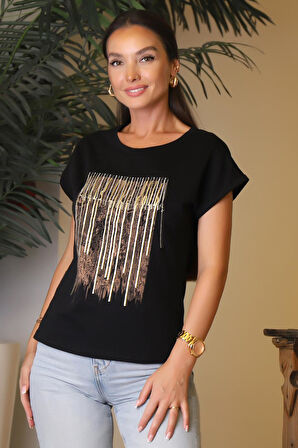 GOLD BASKILI KISA KOLLU SİYAH KADIN T-SHİRT  27488-2Y4