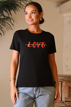 LOVE BASKILI SİYAH KADIN T-SHİRT  4SAK50426EK-2Y4