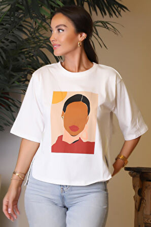 BASKILI SIFIR YAKA EKRU KADIN T-SHİRT  27853-2Y4