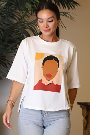 BASKILI SIFIR YAKA EKRU KADIN T-SHİRT  27853-2Y4