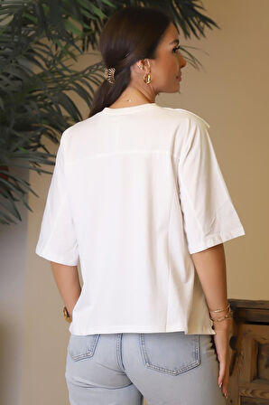 BASKILI SIFIR YAKA EKRU KADIN T-SHİRT  27853-2Y4