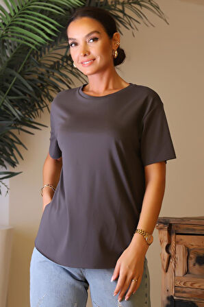 KISA KOLLU BİSİKLET YAKA ANTRASİT KADIN T-SHİRT  S0015567-2Y4