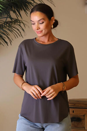 KISA KOLLU BİSİKLET YAKA ANTRASİT KADIN T-SHİRT  S0015567-2Y4