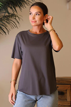 KISA KOLLU BİSİKLET YAKA ANTRASİT KADIN T-SHİRT  S0015567-2Y4