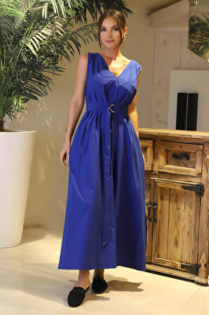 KEMERLİ KOLSUZ SAKS MAVİ KADIN ELBİSE 62032-2Y4