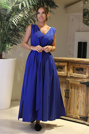 KEMERLİ KOLSUZ SAKS MAVİ KADIN ELBİSE 62032-2Y4