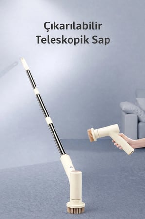 Elektrikli Temizlik Fırçası Şarjlı Mop Seti 7 Başlıklı Teleskopik Saplı Çok Amaçlı Temizleyici