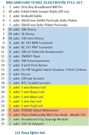 Breaboard Temel Elektronik Eğitim Full Set DT830D Multimetre Yankeski