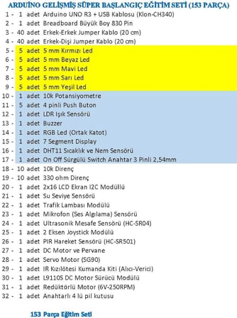 İLKOKUL-ORTAOKUL SEVİYESİ ARDUİNO GELİŞMİŞ SÜPER BAŞLANGIÇ EĞİTİM SETİ (153 PARÇA)
