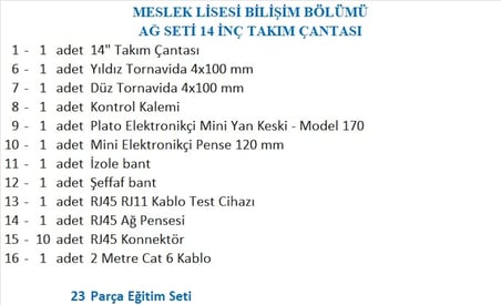 MESLEK LİSESİ BİLİŞİM BÖLÜMÜ AĞ SETİ 14 İNÇ TAKIM ÇANTASI