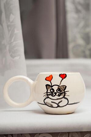 Sevgililer Günü El Yapımı Kalpli Kedi Double Seramik Kupa, Mug, Nescafe Kupası