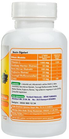 Yurdavit Vitamin C Vitamini 1000 Mg 4x100 Tablet Kuşburnu Çinko Kordiseps Mantarı Kara Mürver 