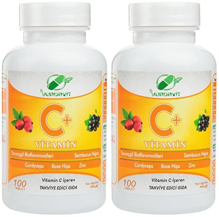 Yurdavit Vitamin C 2x100 Tablet Cordiceps Black Elderberry Citrus Bioflavonoids Zinc Sambucus Nigra