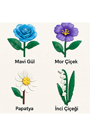 Dekoratif Çiçek Buketi Yapım Seti Legosu 488 Çiçek Yapım Seti Çan Çiçeği-Gonca Gül-Papatya