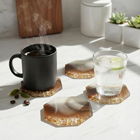 Dekoratif Bardak Altlığı Seti 4'lü - Kırılmaz Cam Görünümlü Leke Tutmaz Kahve Sunum Altlığı