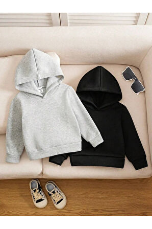 Çocuk 2'li Siyah-Gri Oversize Unisex Kapüşonlu Sweatshirt