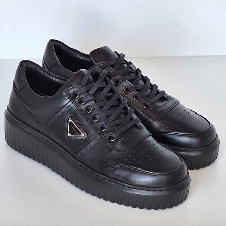 ERKEK GÜNLÜK SNEAKER AYAKKABI-HAKİKİ DERİ-SİYAH RENK-BAĞCIKLI