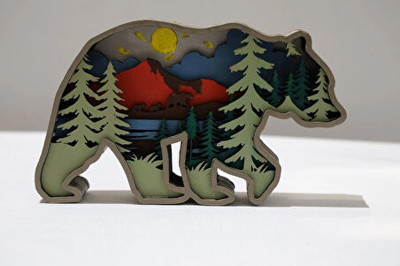 3D Katmanlı Ahşap Ayı Figürlü Dekoratif Masa Süsü