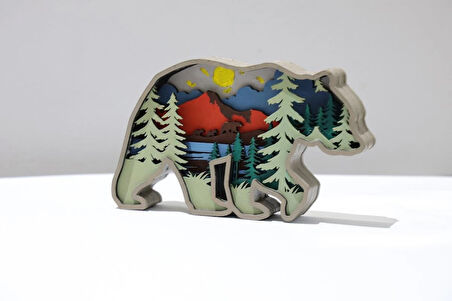 3D Katmanlı Ahşap Ayı Figürlü Dekoratif Masa Süsü