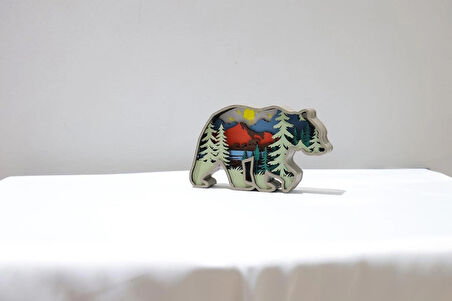 3D Katmanlı Ahşap Ayı Figürlü Dekoratif Masa Süsü