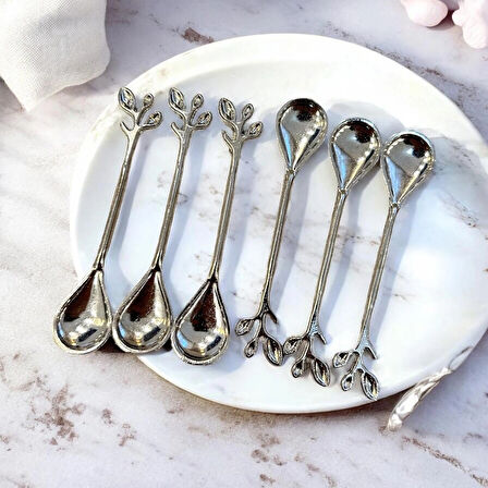 6'lı Çay&Kahve Kaşığı DAL ŞEKİLLİ Metal Kaşık Tatlı Reçel Dondurma Kaşığı Modern Sunum Kaşıkları