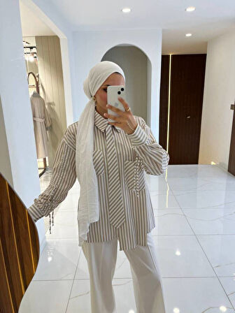 Kravat Detaylı Çizgili Kadın Gömlek GMK16067