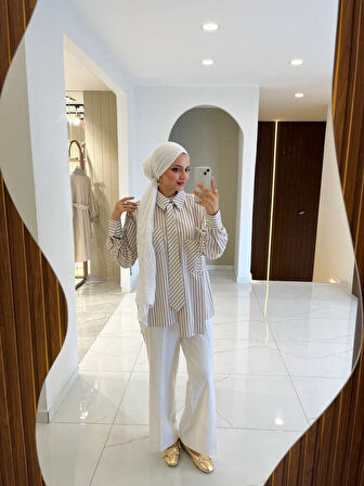 Kravat Detaylı Çizgili Kadın Gömlek GMK16067