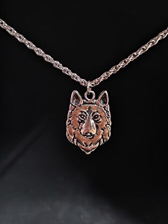 Antik Gümüş Kaplama Kurt Baş Wolf  Sembol Unisex Zincirli Kolye