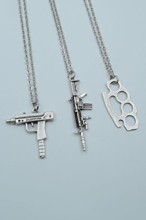 3'lü Muşta M4 Silah Uzi Gümüş Kaplama Kolye Seti