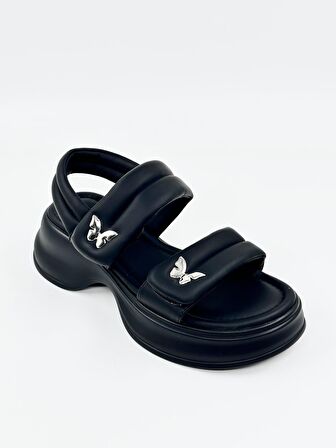 Guja Siyah Yumuşak Deri Siyah Cırtlı Kadın Sandale