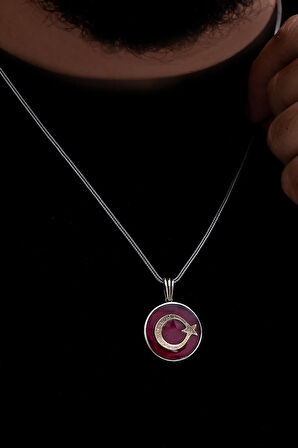 Erkek Gümüş Kolye - Lila İşlemeli Kırmızı Renkli Gümüş Kolye
