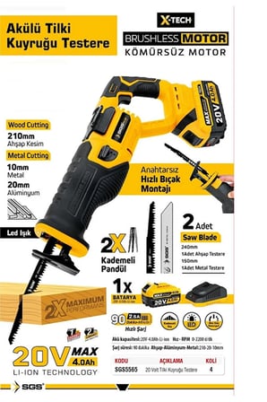 SGS 5565 Akülü Tilki Kuyruğu Testere Seti 20V 4.0 Ah Kömürsüz Motor Profesyonel Kesim Makinesi