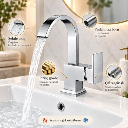 Sardıcı Şelale Lavabo Bataryası Krom Çift Su Girişli 5 Yıl Garantili