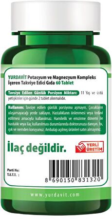 Yurdavit Potasyum Magnezyum Sitrat Malat Bisglisinat Kompleks 3x60 Tb Potassium Magnesium Complex