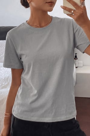 Kadın Tişört Gri Bisiklet Yaka Basic Tişört %100 Pamuk Rahat Kalıp T-shirt BASIC-KADIN