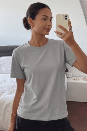 Kadın Tişört Gri Bisiklet Yaka Basic Tişört %100 Pamuk Rahat Kalıp T-shirt BASIC-KADIN