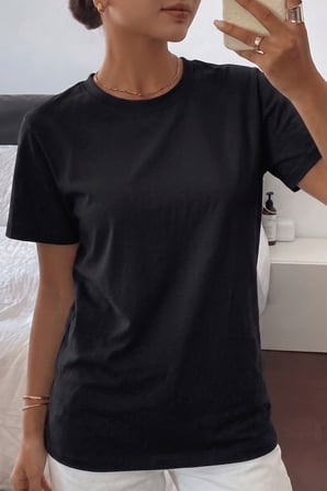 Kadın Tişört Gri Bisiklet Yaka Basic Tişört %100 Pamuk Rahat Kalıp T-shirt BASIC-KADIN
