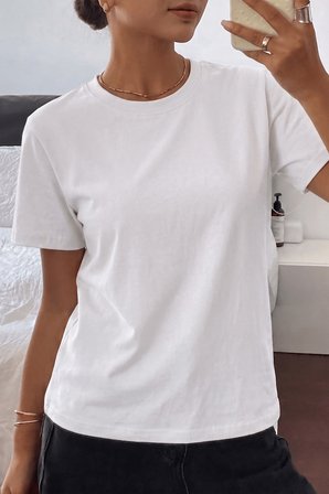Kadın Tişört Gri Bisiklet Yaka Basic Tişört %100 Pamuk Rahat Kalıp T-shirt BASIC-KADIN