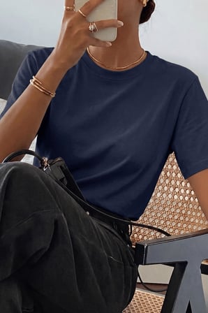Kadın Tişört Gri Bisiklet Yaka Basic Tişört %100 Pamuk Rahat Kalıp T-shirt BASIC-KADIN