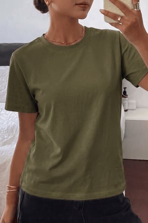 Kadın Tişört Gri Bisiklet Yaka Basic Tişört %100 Pamuk Rahat Kalıp T-shirt BASIC-KADIN