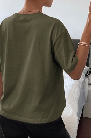 Kadın Tişört Gri Bisiklet Yaka Basic Tişört %100 Pamuk Rahat Kalıp T-shirt BASIC-KADIN