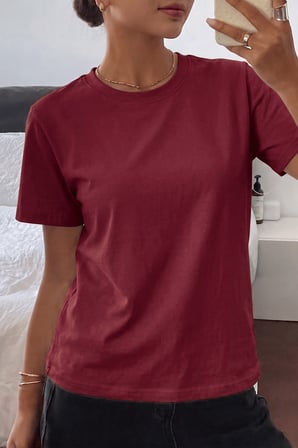 Kadın Tişört Gri Bisiklet Yaka Basic Tişört %100 Pamuk Rahat Kalıp T-shirt BASIC-KADIN