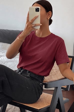 Kadın Tişört Gri Bisiklet Yaka Basic Tişört %100 Pamuk Rahat Kalıp T-shirt BASIC-KADIN