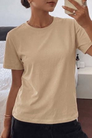 Kadın Tişört Gri Bisiklet Yaka Basic Tişört %100 Pamuk Rahat Kalıp T-shirt BASIC-KADIN