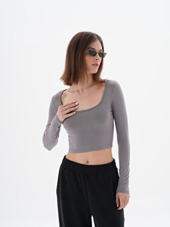  Kare Yaka  Crop  Pamuk  Bluz  | L