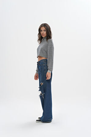 Crop Oversize Çizgili  Sweatshirt  | L