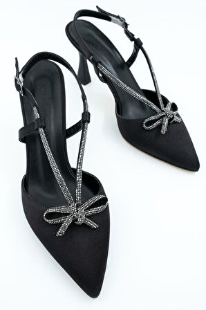 Modabuymus Bowtie Siyah Saten Taşlı Stiletto Abiye Ayakkabı