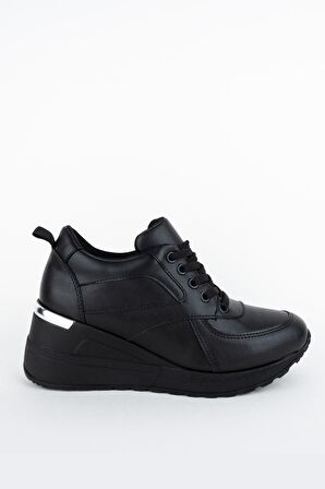Modabuymus Siyah Dolgu Topuklu Sneaker Bağcıklı Spor Ayakkabı - Pily