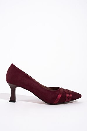 Modabuymus Sanger Bordo Süet Saten Bantlı Stiletto Kısa Kadeh Topuklu Ayakkabı