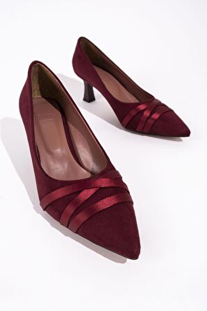 Modabuymus Sanger Bordo Süet Saten Bantlı Stiletto Kısa Kadeh Topuklu Ayakkabı